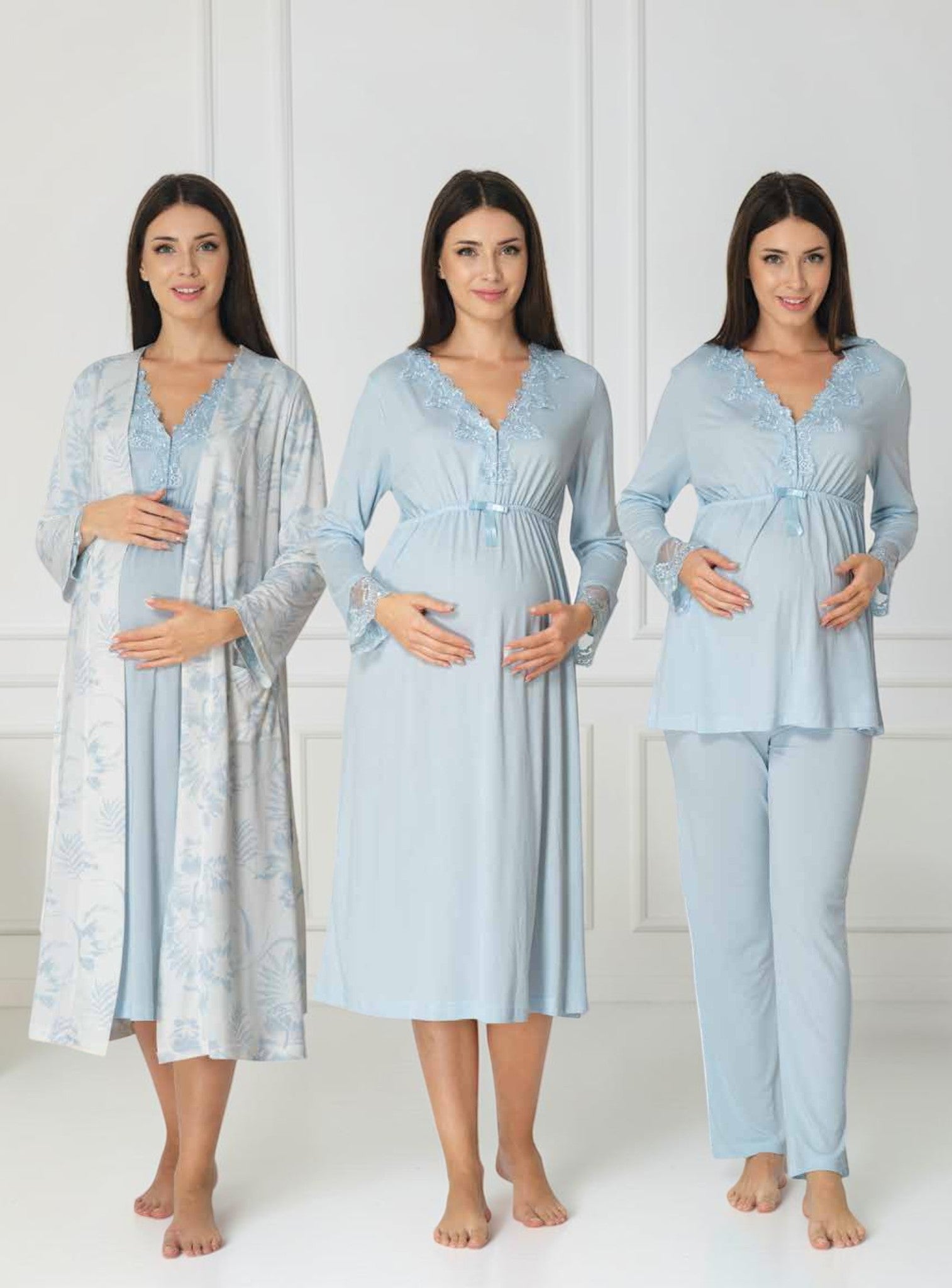 Blue 4-piece maternity set by Mini Plum – nursing maternity nightwear, breastfeeding button-down, hospital bag & baby shower gift