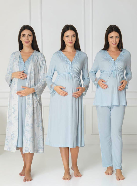 Blue 4-piece maternity set by Mini Plum, floral lace 4-piece – nursing & breastfeeding nightwear, postpartum, hospital bag ready