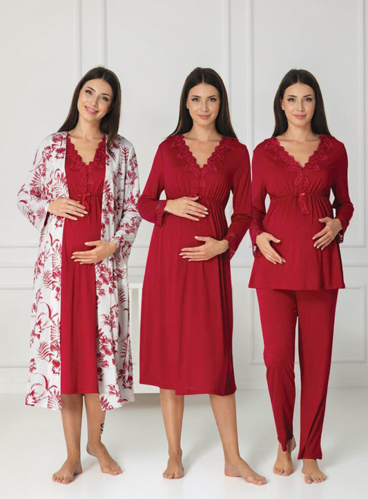 Cherry Red 4-piece maternity set by Mini Plum, floral lace 4-piece – nursing & breastfeeding nightwear, postpartum, hospital bag ready