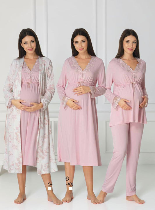 Light Pink 4-piece maternity set by Mini Plum, floral lace 4-piece – nursing & breastfeeding nightwear, postpartum, hospital bag ready