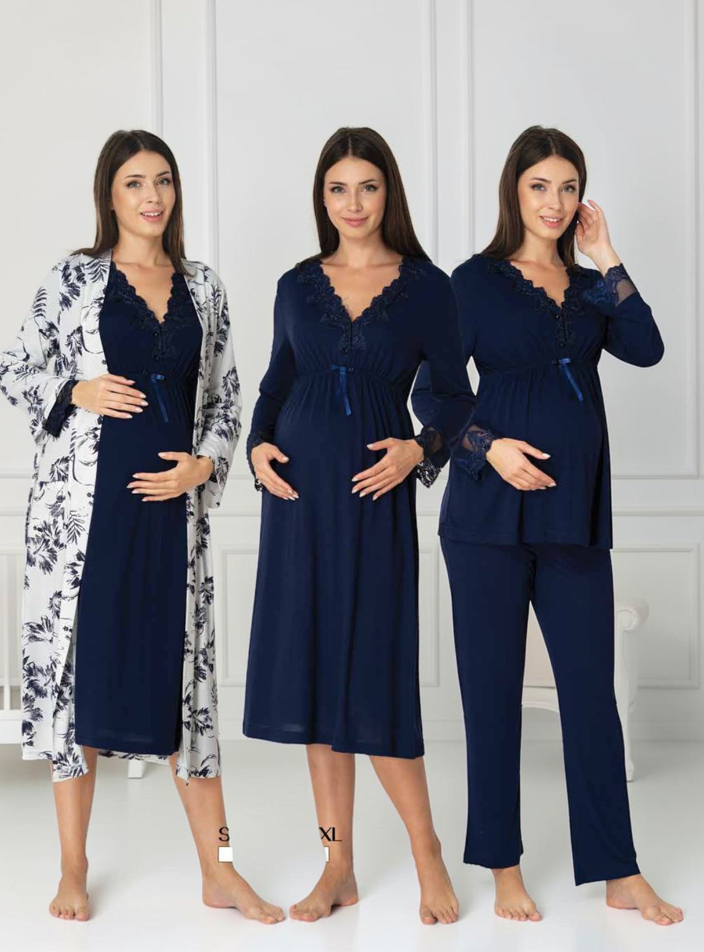Navy 4-piece maternity set by Mini Plum – nursing maternity nightwear, breastfeeding button-down, hospital bag & baby shower gift
