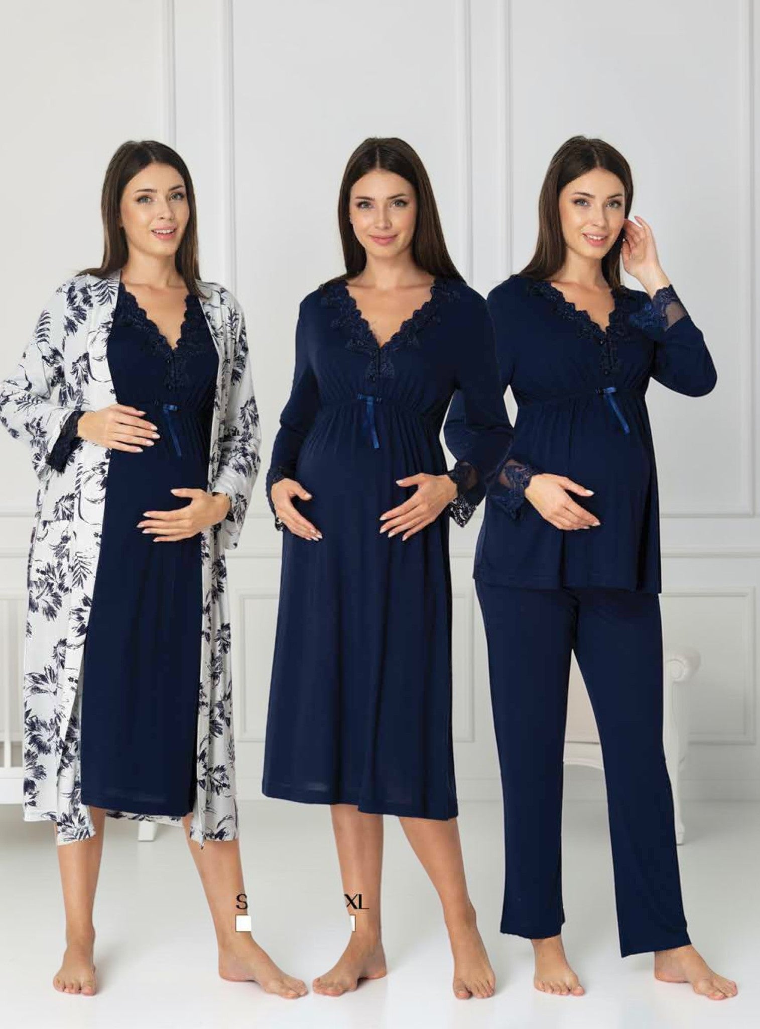 Navy 4-piece maternity set by Mini Plum – nursing maternity nightwear, breastfeeding button-down, hospital bag & baby shower gift