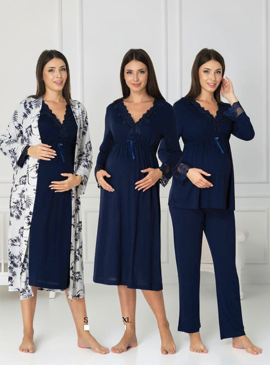 Navy 4-piece maternity set by Mini Plum, floral lace 4-piece – nursing & breastfeeding nightwear, postpartum, hospital bag ready