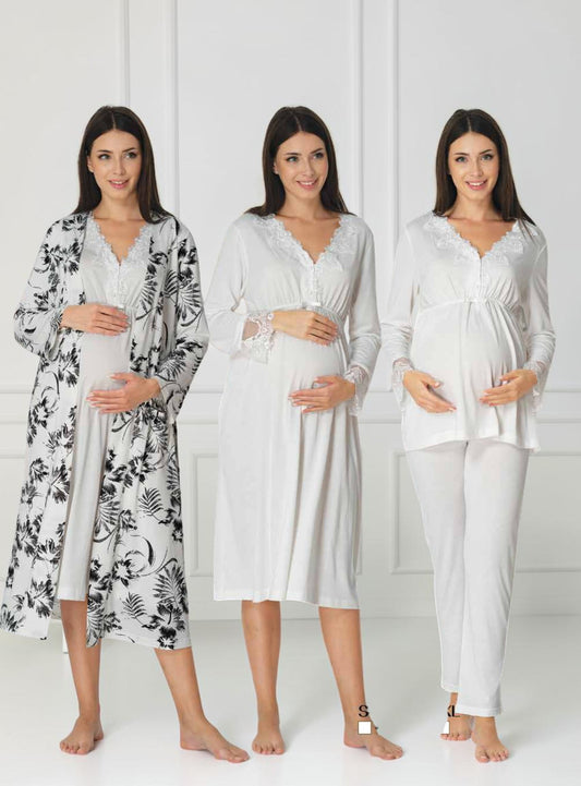 White 4-piece maternity set by Mini Plum, floral lace 4-piece – nursing & breastfeeding nightwear, postpartum, hospital bag ready