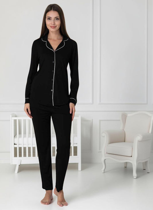 Black maternity pyjamas by Mini Plum – long-sleeve nursing nightwear with shirt collar, breastfeeding-friendly, hospital bag ready