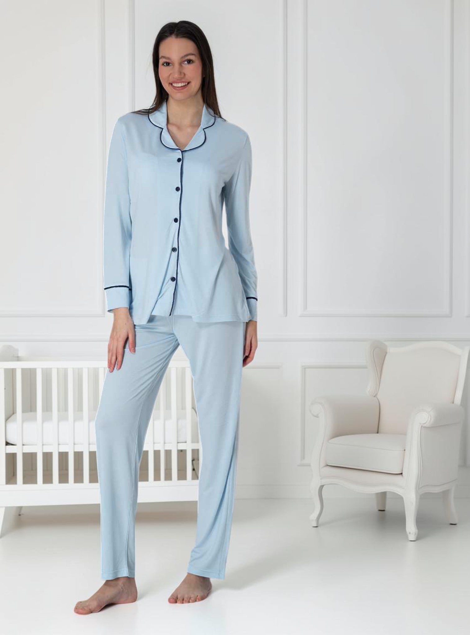Blue maternity pyjamas by Mini Plum – long-sleeve nursing nightwear with shirt collar, breastfeeding-friendly, hospital bag ready
