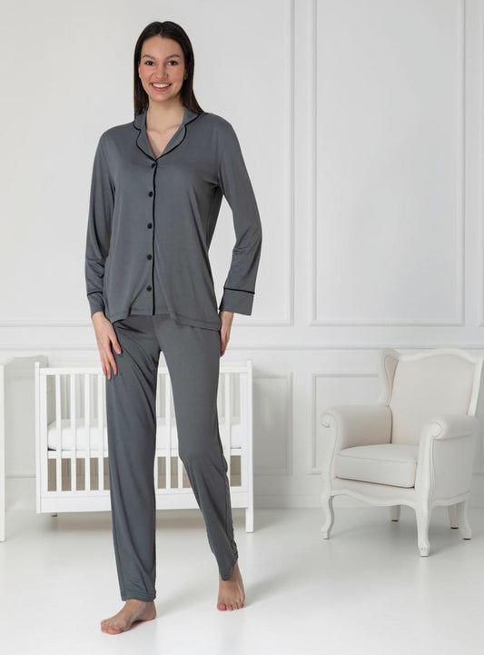 Grey maternity pyjamas by Mini Plum – long-sleeve nursing nightwear with shirt collar, breastfeeding-friendly, hospital bag ready
