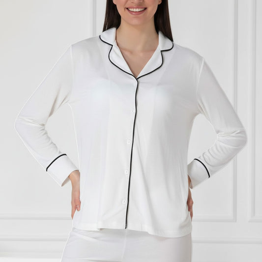White maternity pyjamas by Mini Plum – button-front nursing opening and shirt collar, maternity & nursing