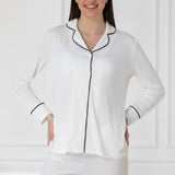 White maternity pyjamas by Mini Plum – lace neckline & button-front nursing detail, cotton modal