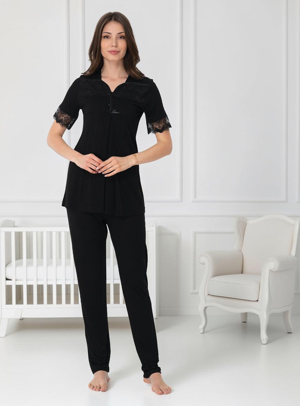 Black maternity pyjamas by Mini Plum – short-sleeve nursing nightwear with square neck, breastfeeding-friendly, hospital bag ready