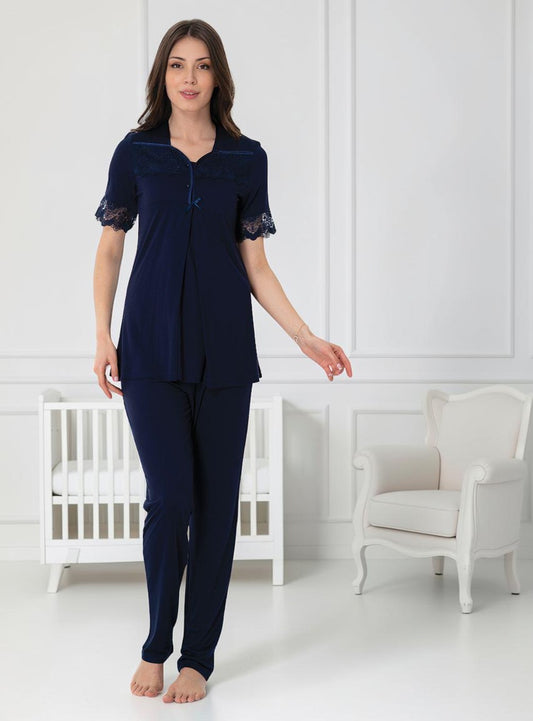 Navy maternity pyjamas by Mini Plum – short-sleeve nursing nightwear with square neck, breastfeeding-friendly, hospital bag ready