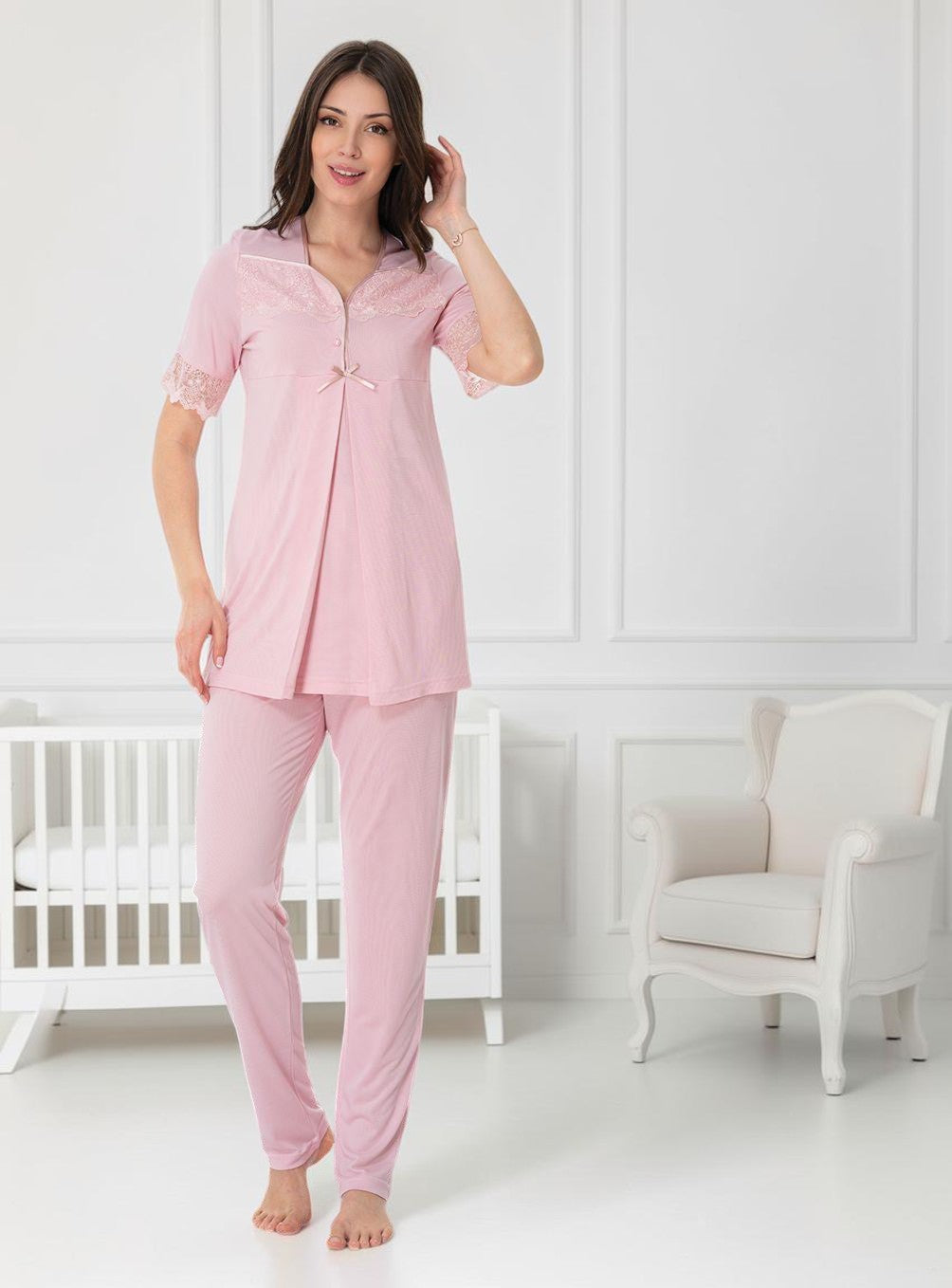 Pink maternity pyjamas by Mini Plum – short-sleeve nursing nightwear with square neck, breastfeeding-friendly, hospital bag ready