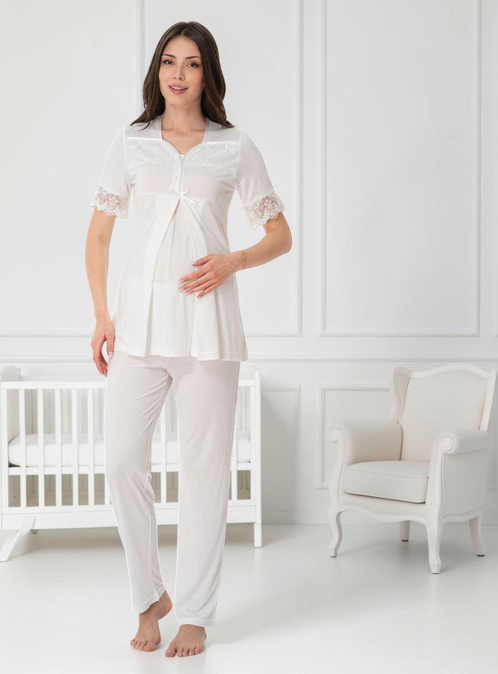 White maternity pyjamas by Mini Plum – short-sleeve nursing nightwear with square neck, breastfeeding-friendly, hospital bag ready