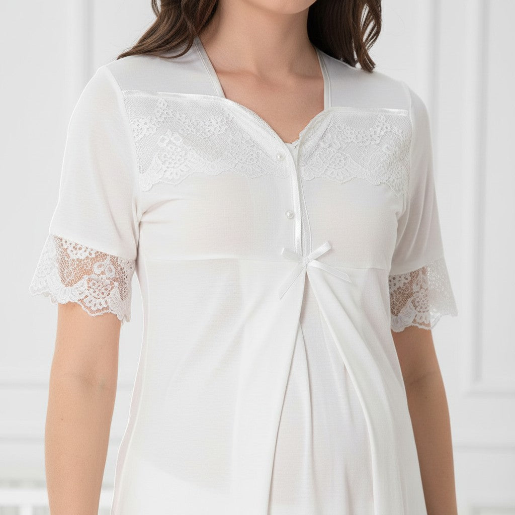 White maternity pyjamas by Mini Plum – lace detail and square neck, maternity & nursing