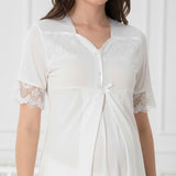 White maternity pyjamas by Mini Plum – lace neckline & button-front nursing detail, cotton modal
