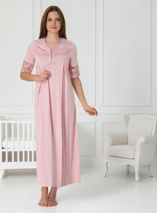 Pink maternity nightdress by Mini Plum – short-sleeve pink breastfeeding nightwear with square neck, breastfeeding-friendly, hospital bag ready
