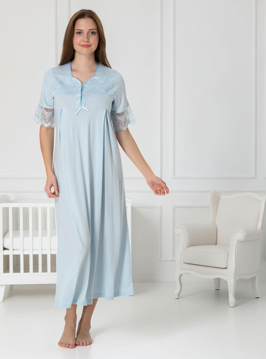 Blue maternity nightdress by Mini Plum – short-sleeve nursing nightwear with square neck, breastfeeding-friendly, hospital bag ready