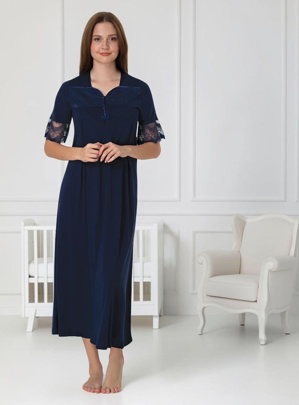 Navy maternity nightdress by Mini Plum – short-sleeve nursing nightwear with square neck, breastfeeding-friendly, hospital bag ready