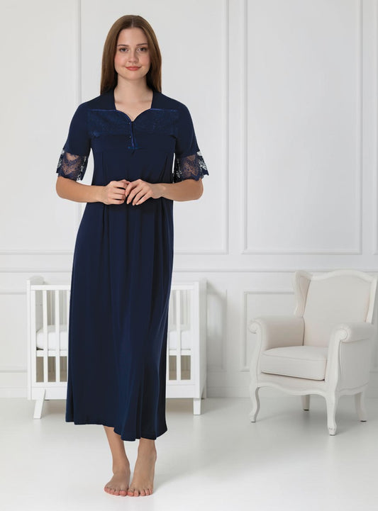Navy maternity nightdress by Mini Plum – short-sleeve nursing nightwear with square neck, breastfeeding-friendly, hospital bag ready