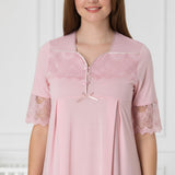 Pink maternity nightie by Mini Plum – lace neckline & button-front nursing detail, cotton modal