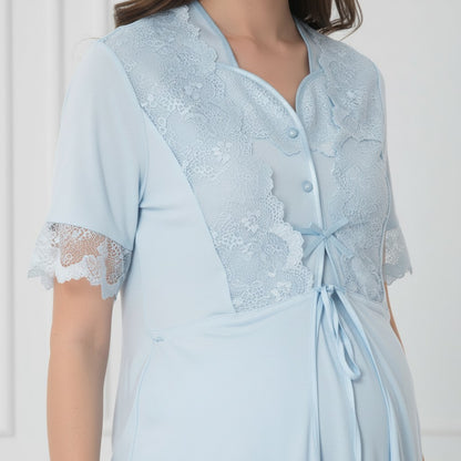 Blue pyjama & robe set by Mini Plum – lace detail and square neck, maternity & nursing