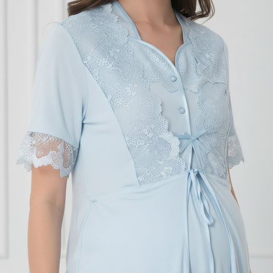 Blue pyjama & robe set by Mini Plum – lace detail and square neck, maternity & nursing