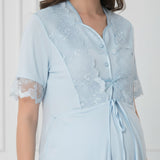 Blue maternity pyjamas by Mini Plum – lace neckline & button-front nursing detail, cotton modal