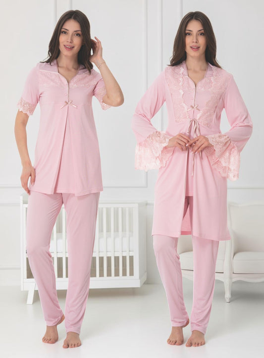 Pink pyjama & robe set by Mini Plum – nursing nightwear with square neck, breastfeeding-friendly, hospital bag ready