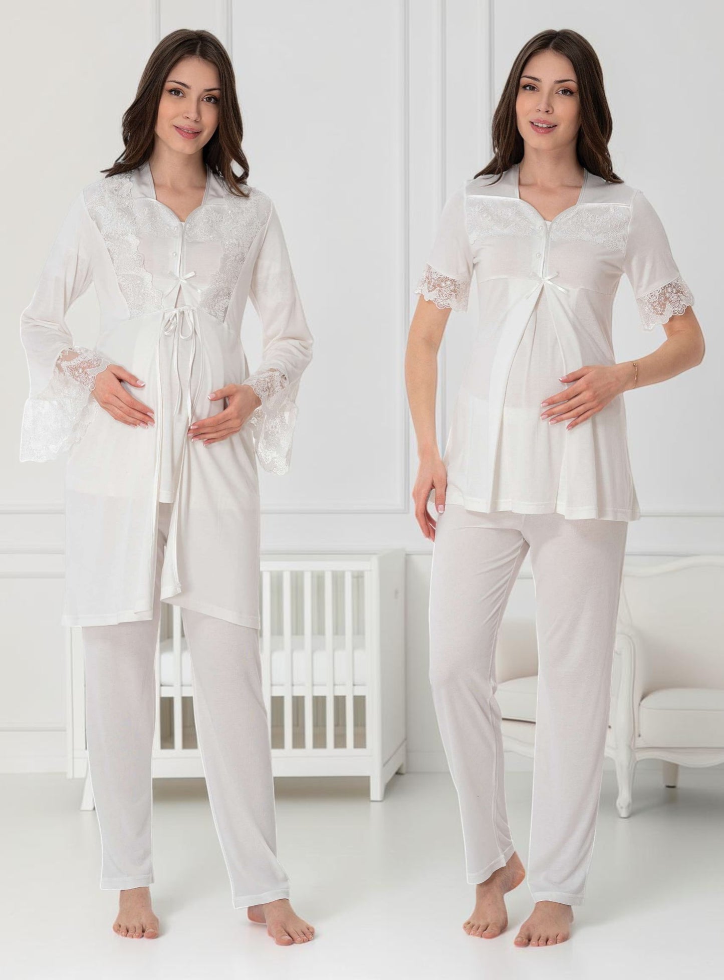 White pyjama & robe set by Mini Plum – nursing nightwear with square neck, breastfeeding-friendly, hospital bag ready