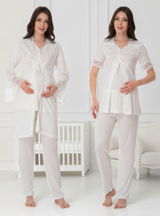 White pyjama & robe set by Mini Plum – nursing nightwear with square neck, breastfeeding-friendly, hospital bag ready