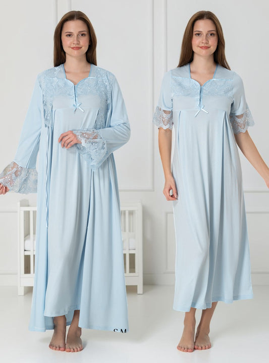 Blue nightie & robe set by Mini Plum – nursing nightwear with square neck, breastfeeding-friendly, hospital bag ready