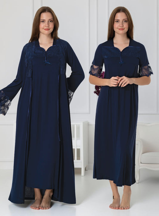 Navy nightie & robe set by Mini Plum – nursing nightwear with square neck, breastfeeding-friendly, hospital bag ready