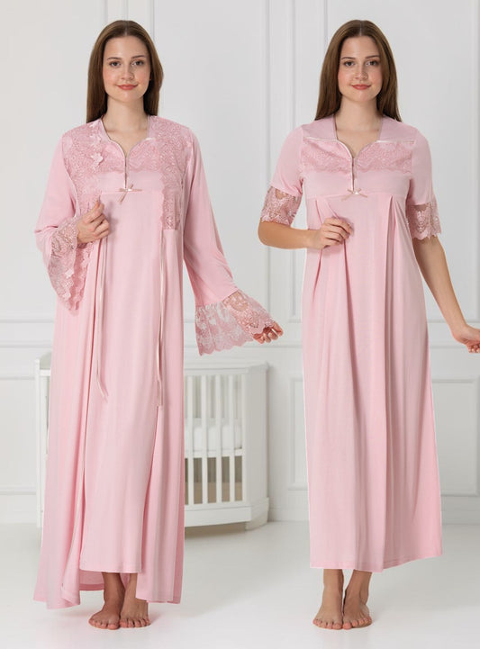 Pink nightie & robe set by Mini Plum – nursing nightwear with square neck, breastfeeding-friendly, hospital bag ready