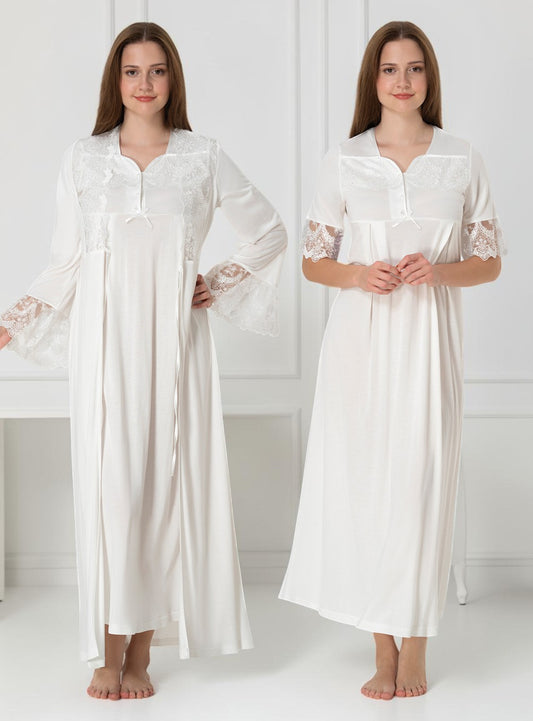 White nightie & robe set by Mini Plum – nursing nightwear with square neck, breastfeeding-friendly, hospital bag ready