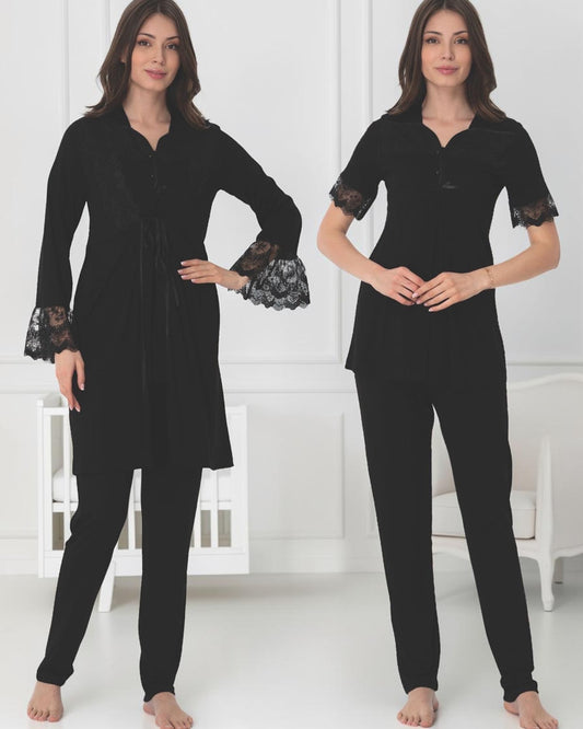Black pyjama & robe set by Mini Plum – nursing nightwear with square neck, breastfeeding-friendly, hospital bag ready