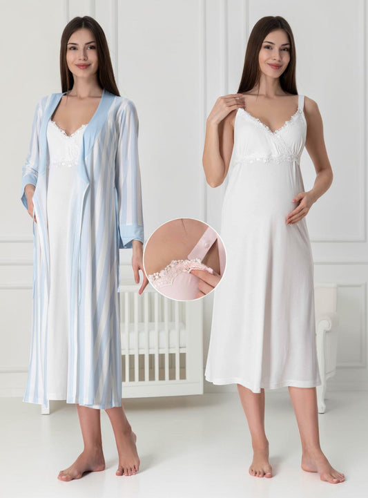 Blue nightie & robe set by Mini Plum – nursing nightwear with sweetheart neckline, breastfeeding-friendly, hospital bag ready