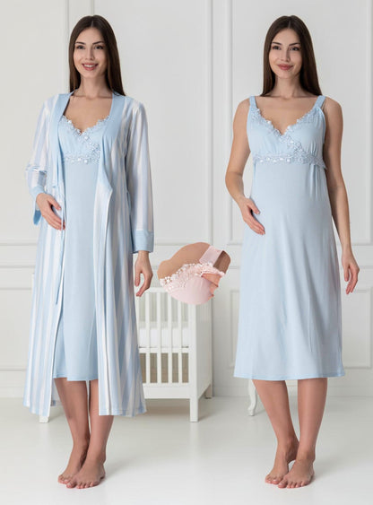 Blue nightie & robe set by Mini Plum – lace detail and sweetheart neckline, maternity & nursing