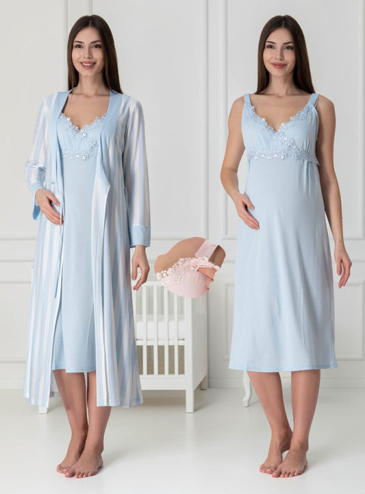 Blue nightie & robe set by Mini Plum – lace detail and sweetheart neckline, maternity & nursing