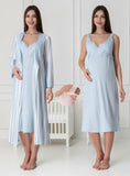 Blue maternity nightie & robe set by Mini Plum – lace neckline & button-front nursing detail, cotton modal