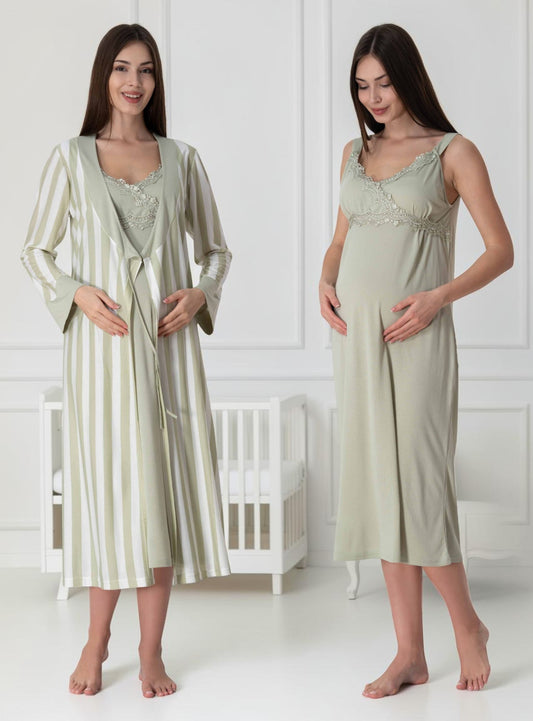 Green nightie & robe set by Mini Plum – nursing nightwear with sweetheart neckline, breastfeeding-friendly, hospital bag ready