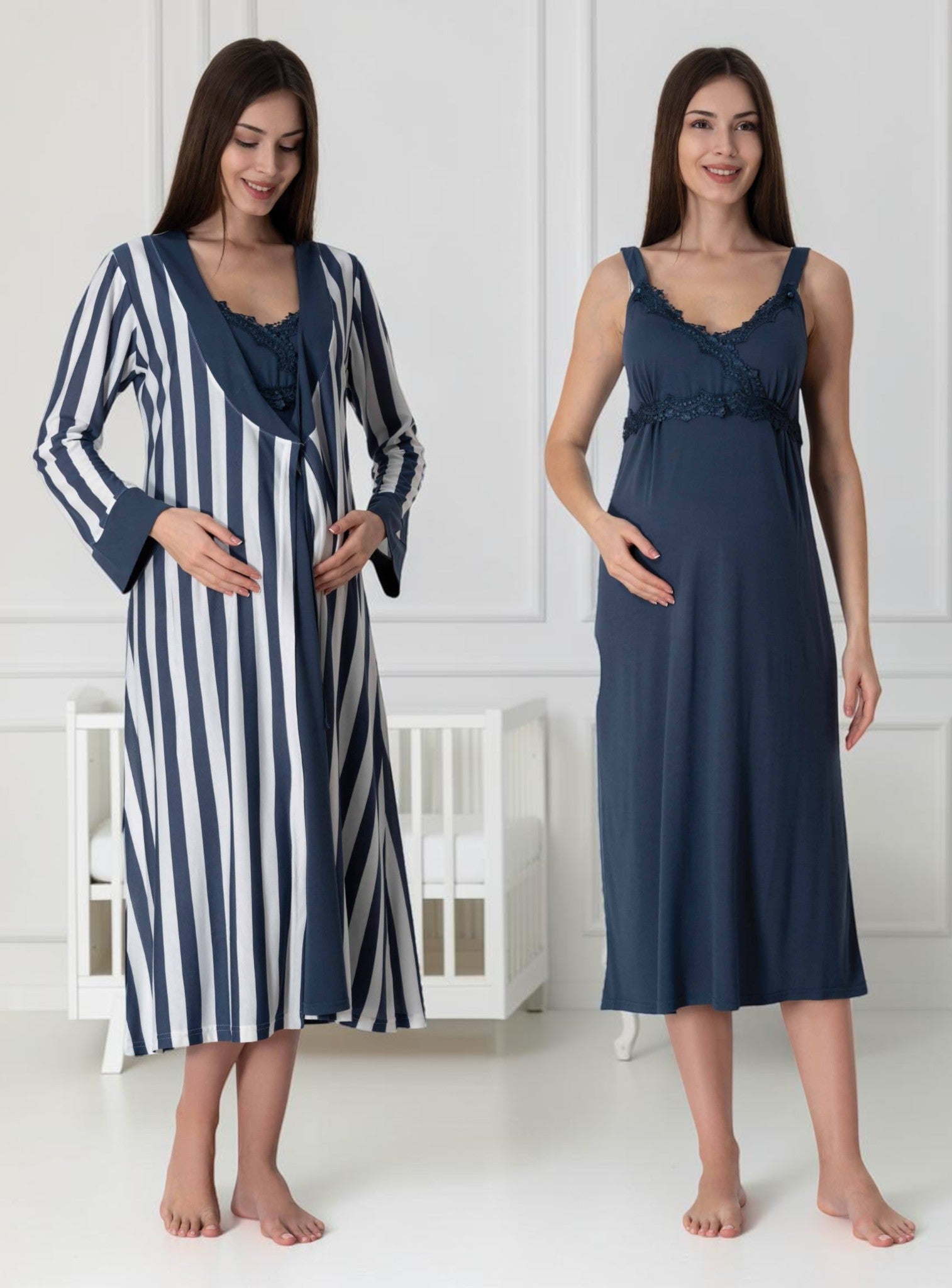 Navy nightie & robe set by Mini Plum – nursing nightwear with sweetheart neckline, breastfeeding-friendly, hospital bag ready
