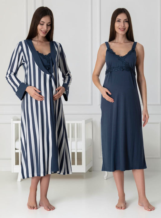 Navy nightie & robe set by Mini Plum – nursing nightwear with sweetheart neckline, breastfeeding-friendly, hospital bag ready