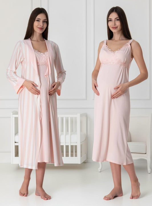 Salmon nightie & robe set by Mini Plum – nursing nightwear with sweetheart neckline, breastfeeding-friendly, hospital bag ready