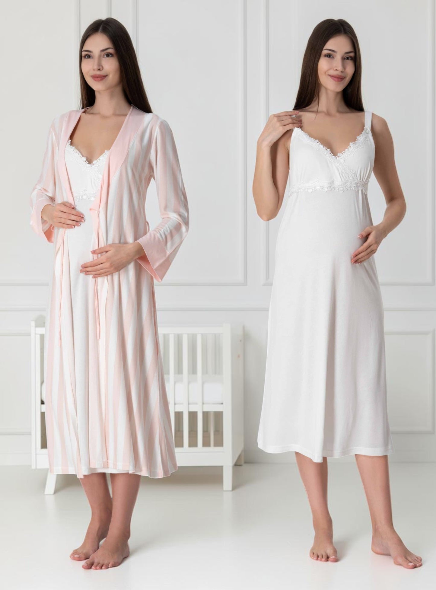 Salmon nightie & robe set by Mini Plum – lace detail and sweetheart neckline, maternity & nursing