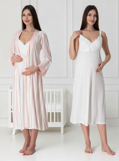 Salmon nightie & robe set by Mini Plum – lace detail and sweetheart neckline, maternity & nursing