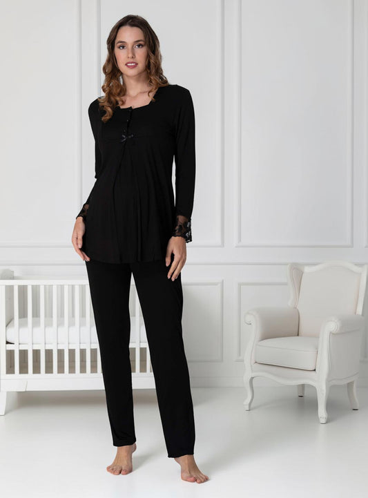 Black maternity pyjamas by Mini Plum – long-sleeve nursing nightwear with square neck, breastfeeding-friendly, hospital bag ready
