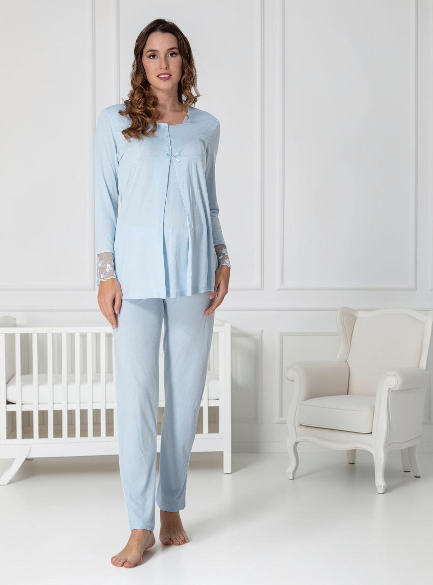 Blue maternity pyjamas by Mini Plum – long-sleeve nursing nightwear with square neck, breastfeeding-friendly, hospital bag ready