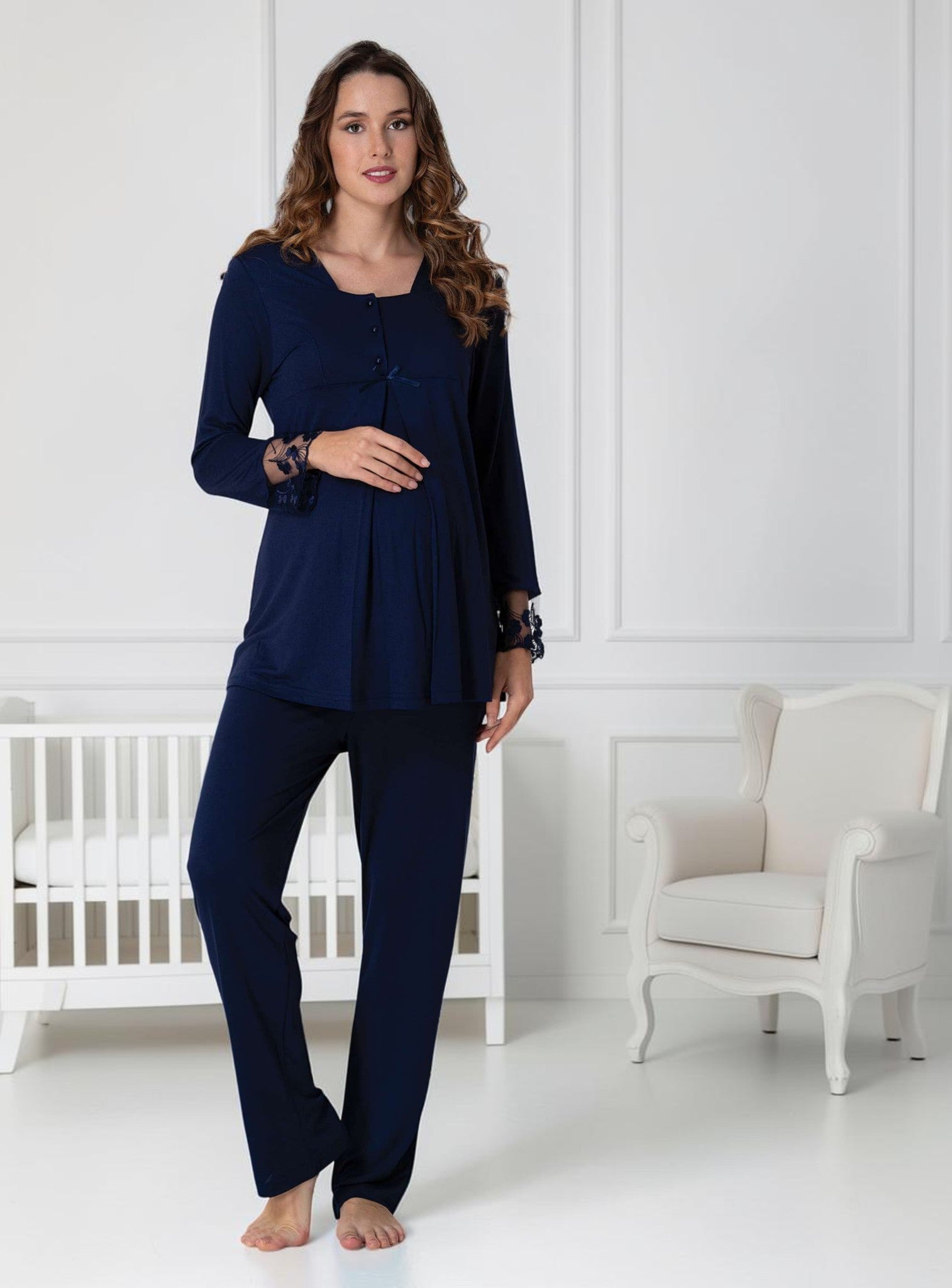 Navy maternity pyjamas by Mini Plum – long-sleeve nursing nightwear with square neck, breastfeeding-friendly, hospital bag ready