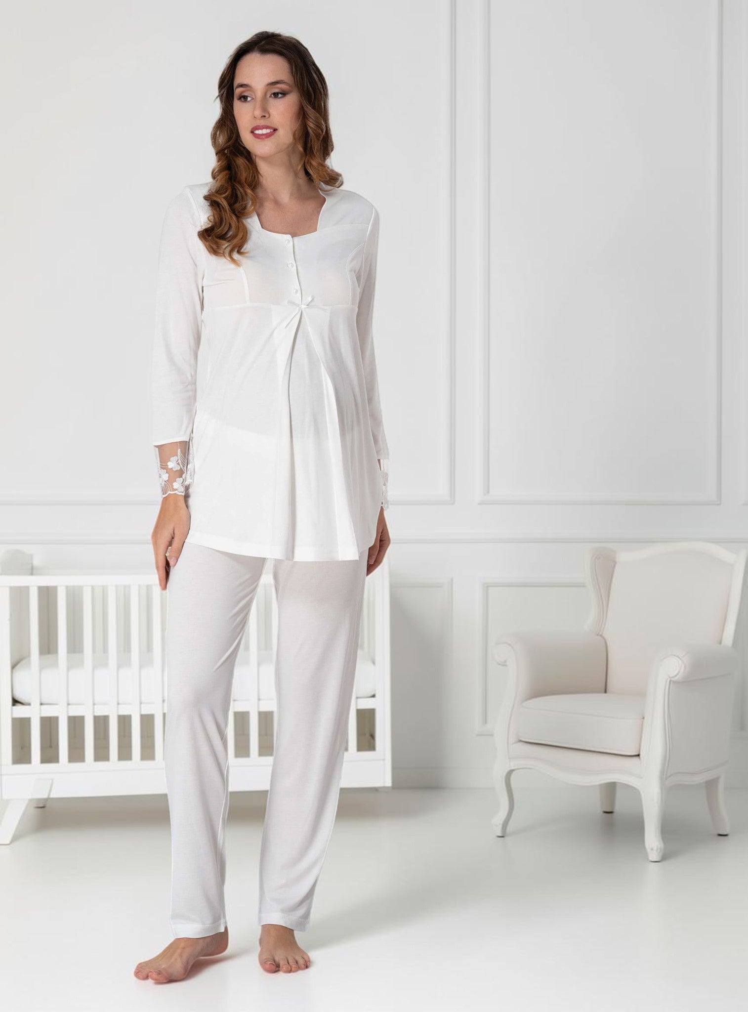 White maternity pyjamas by Mini Plum – long-sleeve nursing nightwear with square neck, breastfeeding-friendly, hospital bag ready