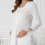 White maternity pyjamas by Mini Plum – lace neckline & button-front nursing detail, cotton modal